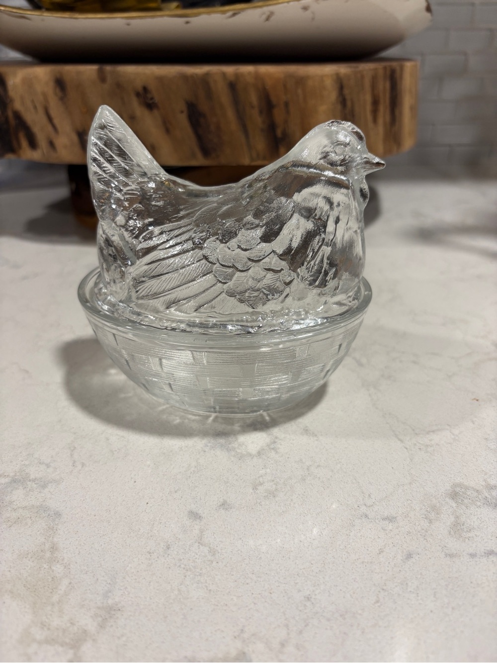 Vintage Luminarc clear glass hen on a nest lidded dish